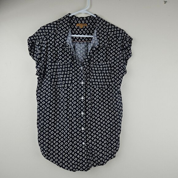 JACHS GIRLFRIEND Geometric Print Shirt Blouse Womens L Rayon Roll Sleeve - Picture 1 of 10